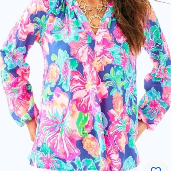 Lilly Pulitzer MARTINIQUE TOP Beckon Blue Jungle Utopia Small Blouse S - Picture 3 of 10